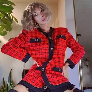 Vintage Padded Shoulder Plaid Cardigan